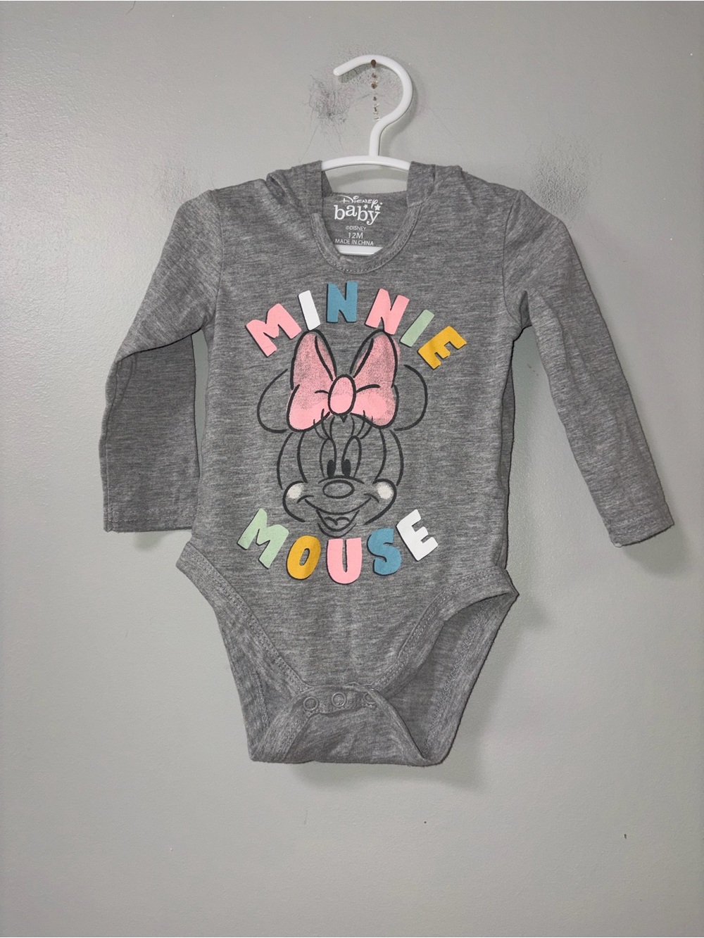 Disney Baby Minnie Mouse Gray Long Sleeve Hooded Bow Body Suit Girls 12M